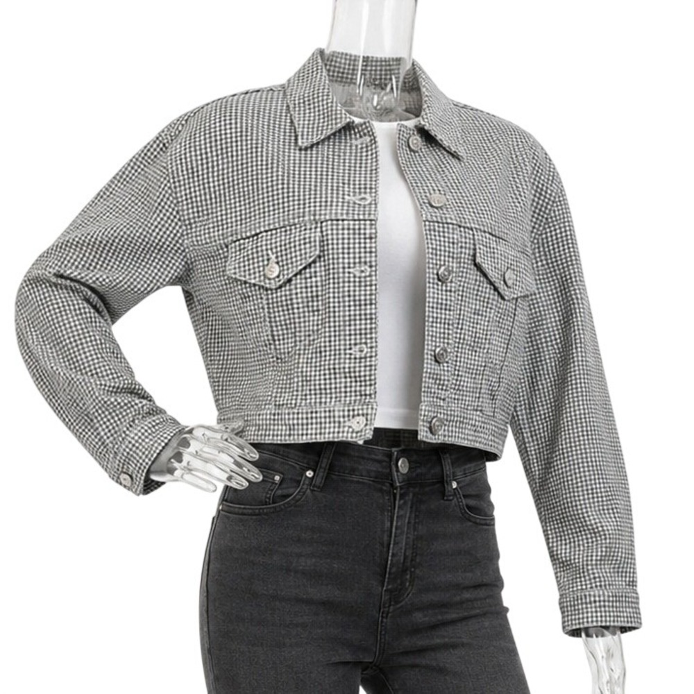 Zara women's gray/white micro-check cropped denim jacket SKUW770